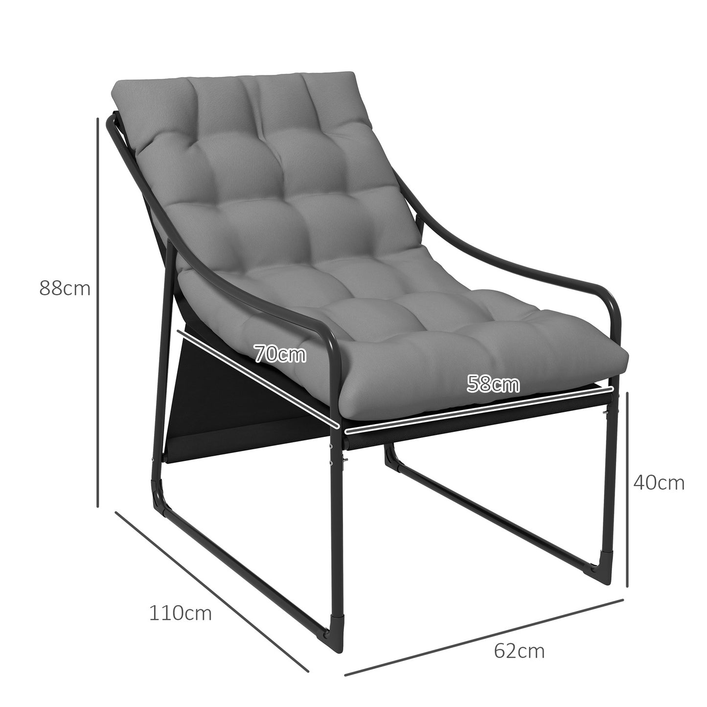 Gray garden lounge chair with cushion, armrests, 120 kg capacity