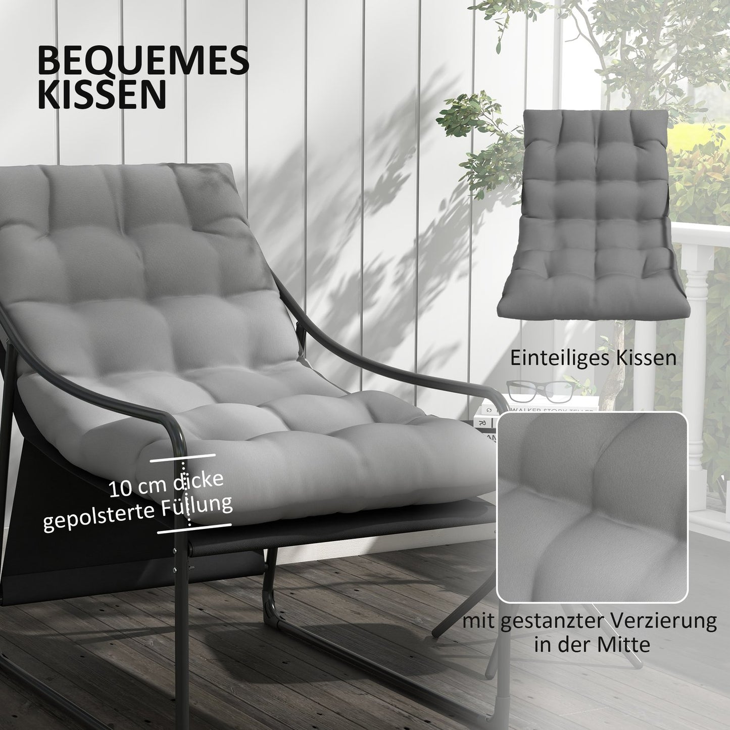 Gray garden lounge chair with cushion, armrests, 120 kg capacity