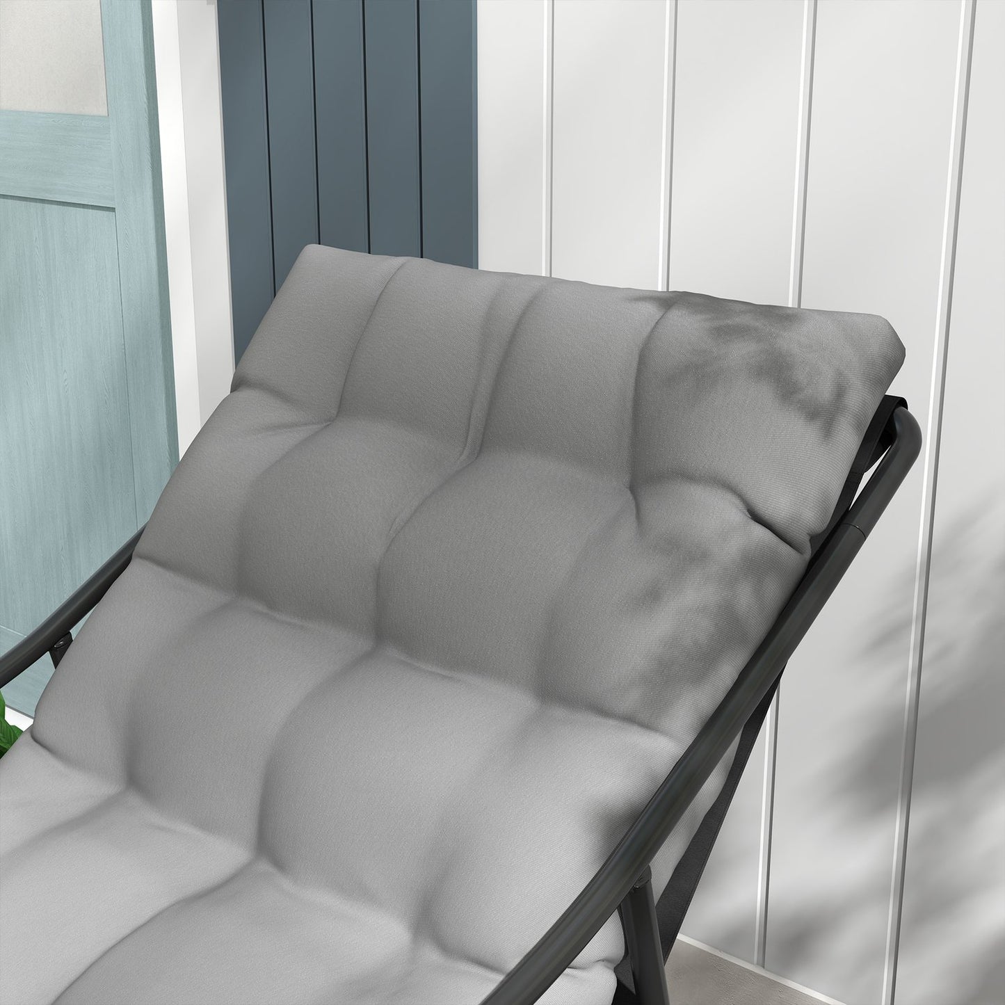 Gray garden lounge chair with cushion, armrests, 120 kg capacity