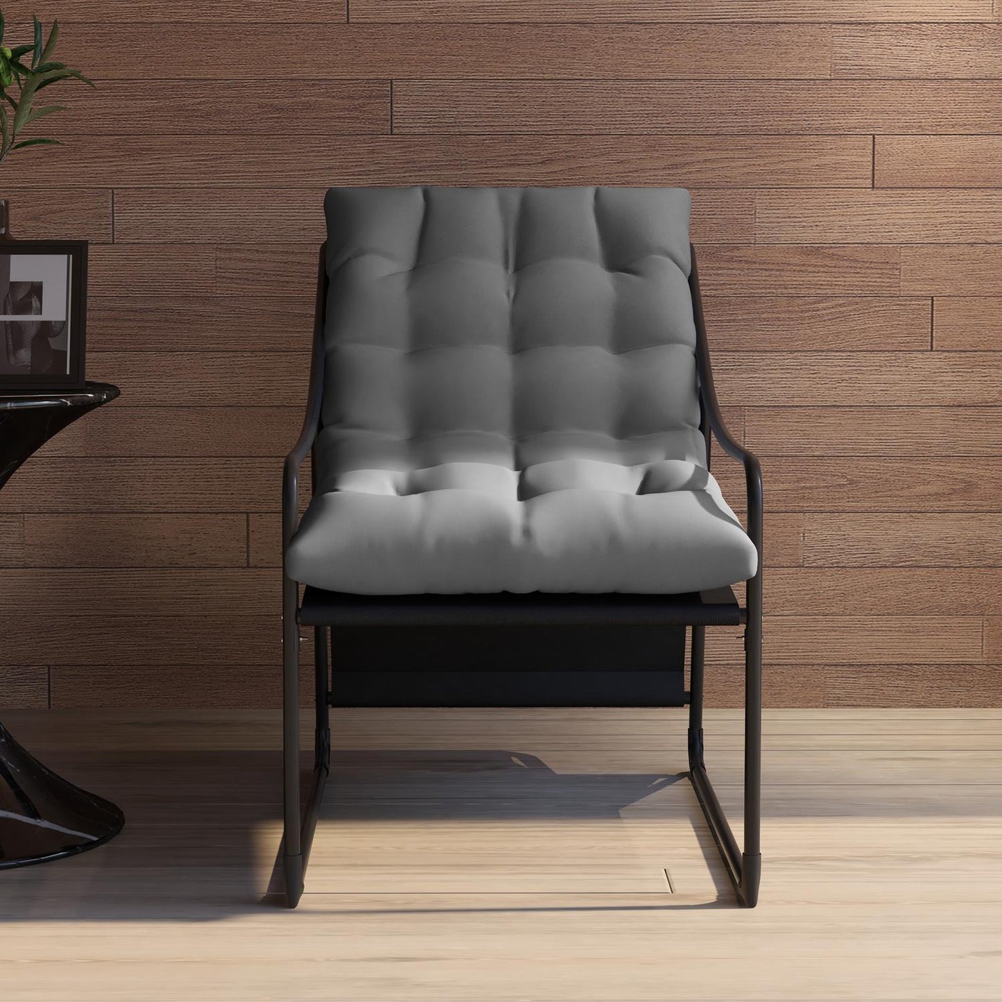 Gray garden lounge chair with cushion, armrests, 120 kg capacity