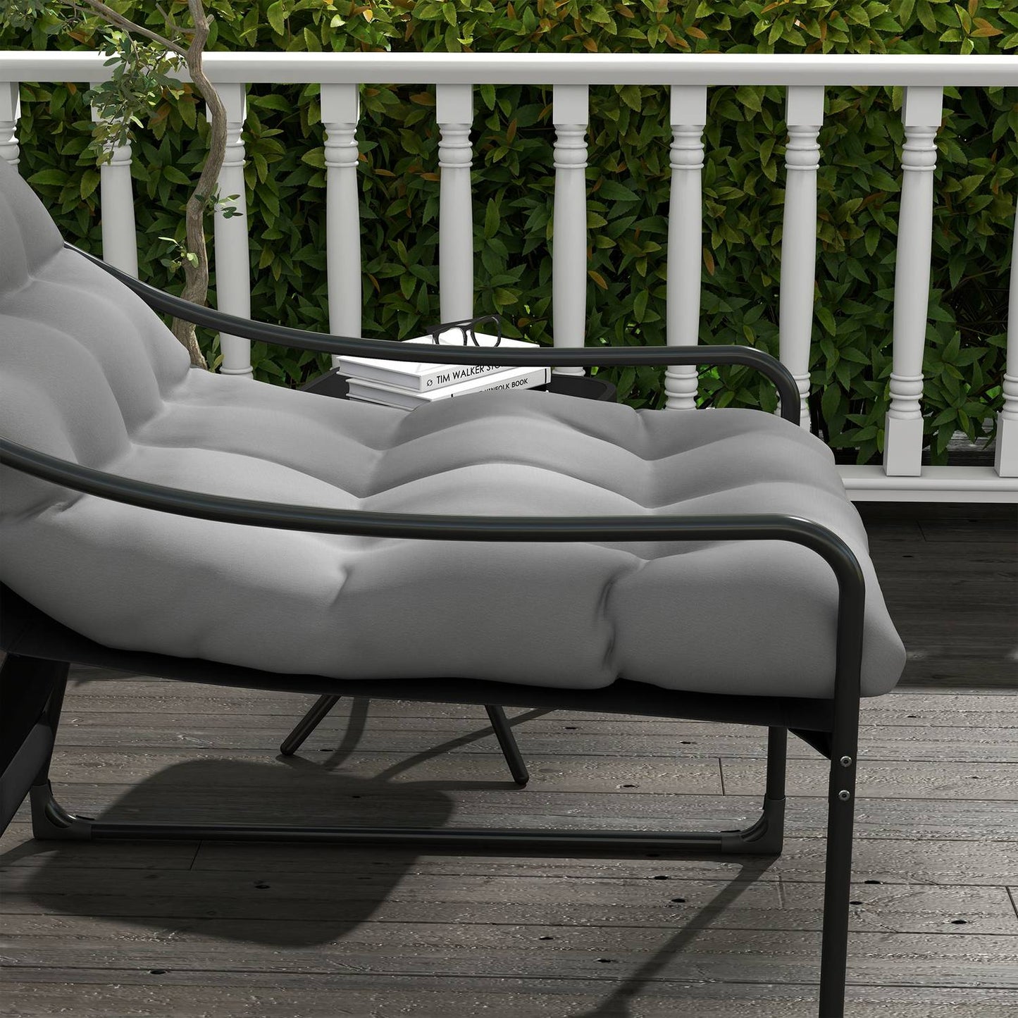 Gray garden lounge chair with cushion, armrests, 120 kg capacity