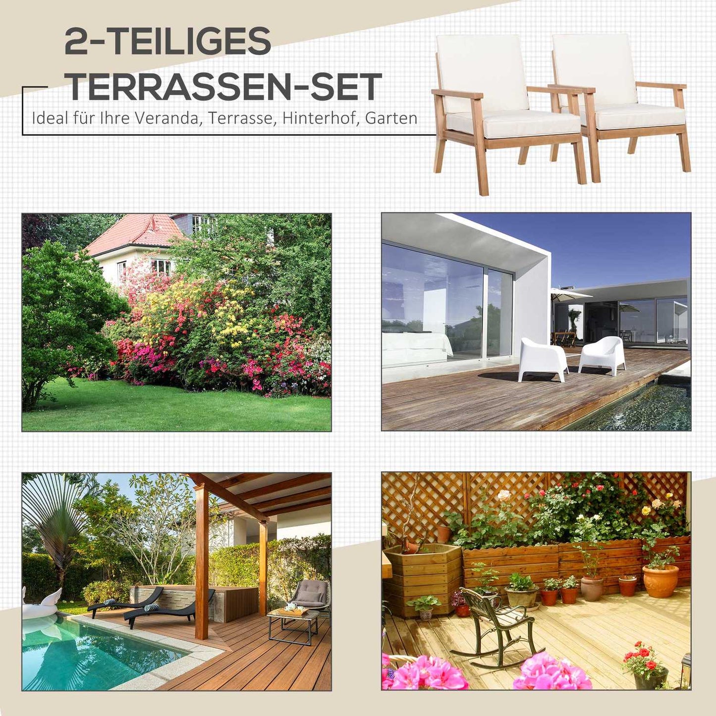 Comfortable poplar garden chairs set with cushions - 2 pcs