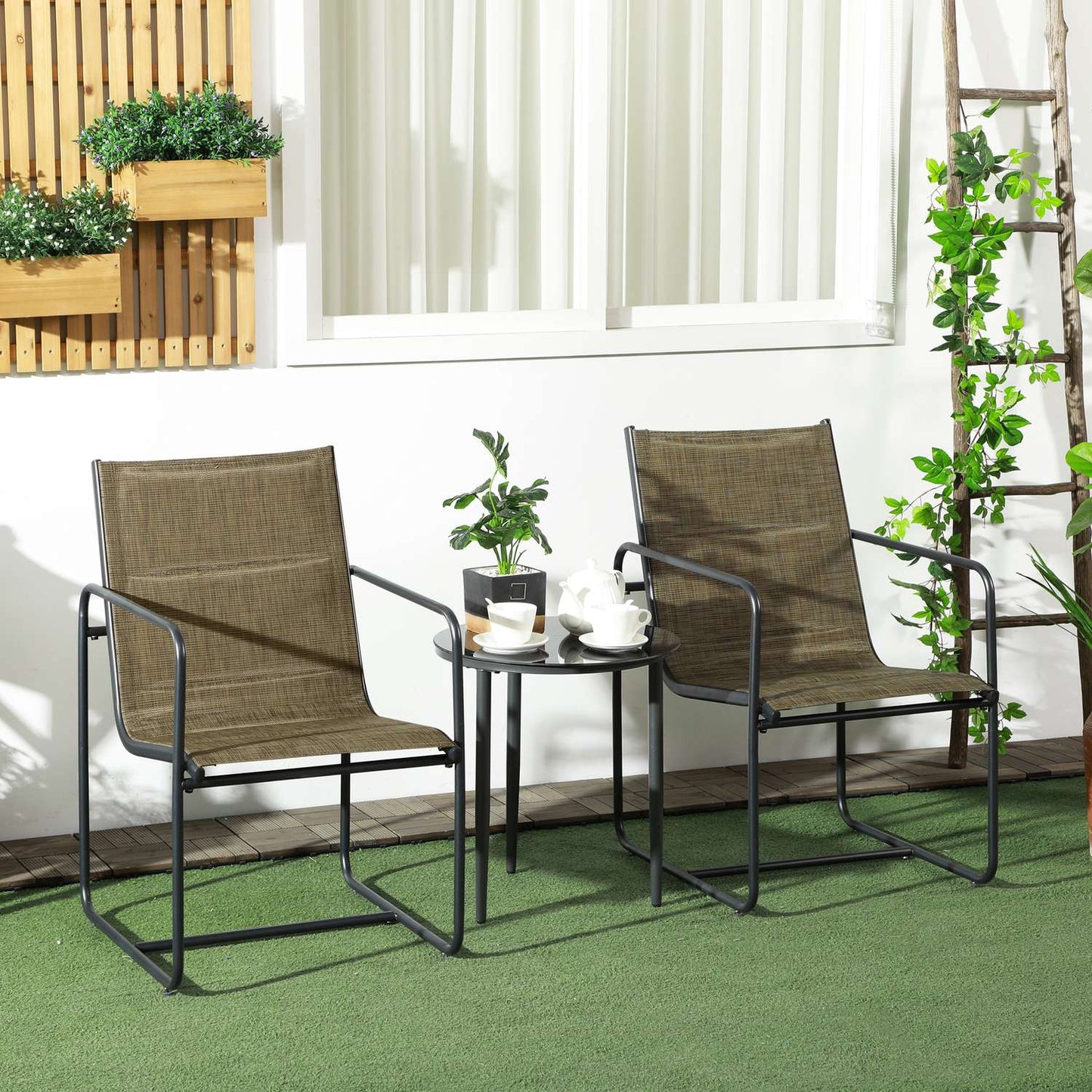 Garden chairs Set of 2, steel mesh, brown with armrests