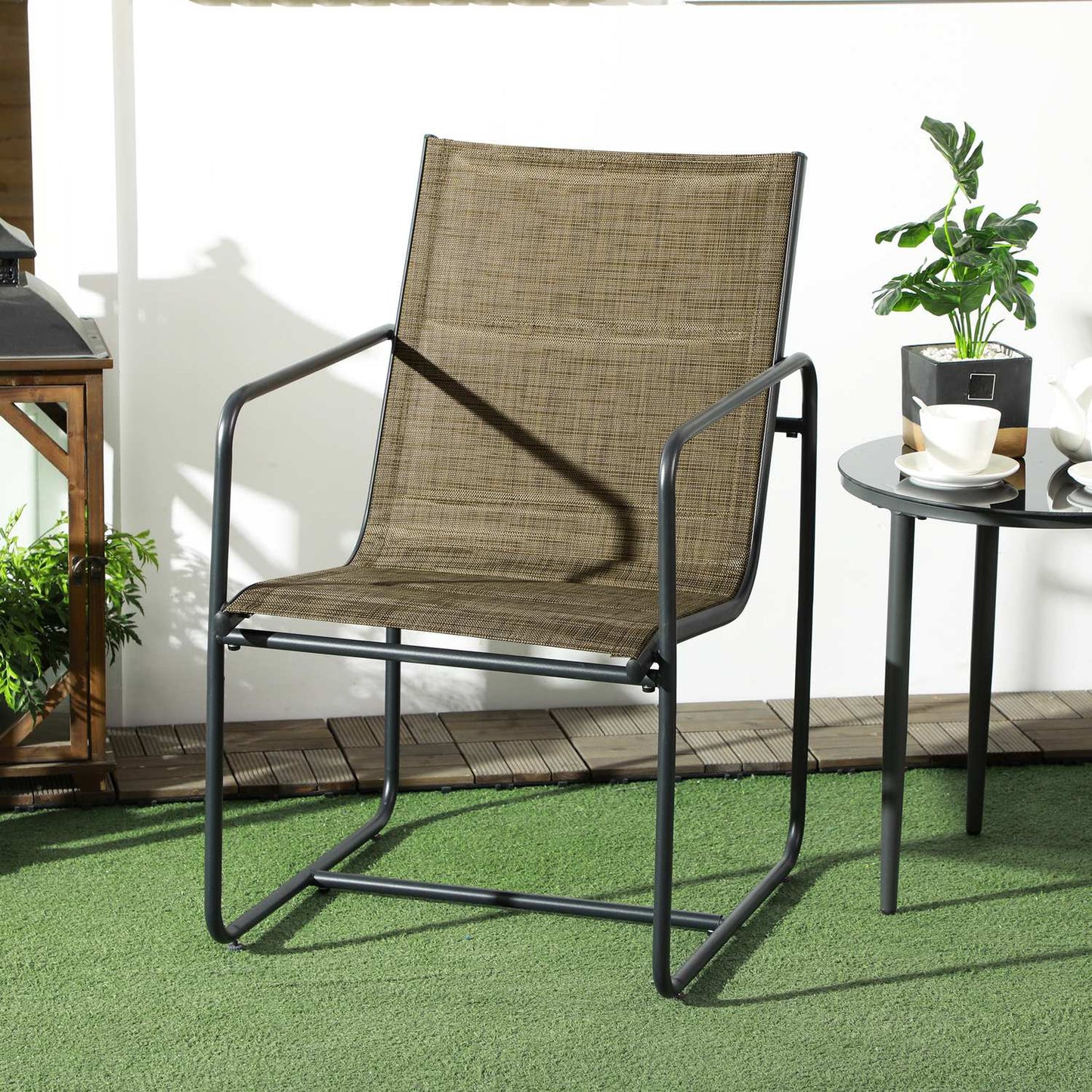 Garden chairs Set of 2, steel mesh, brown with armrests