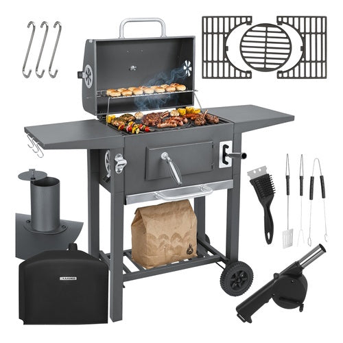 Garden Charcoal Grill with Cover, Cast Iron Grate, Thermometer