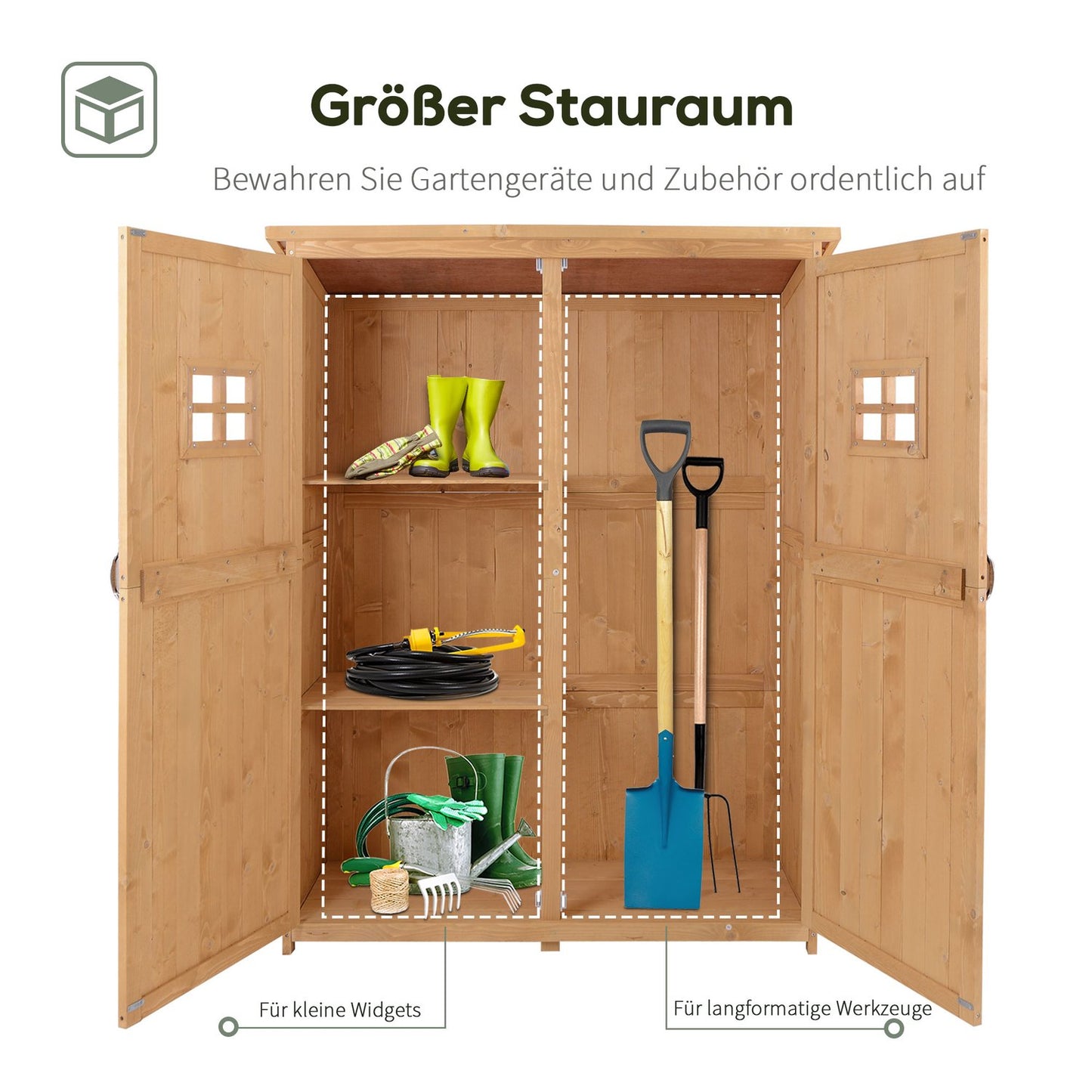 Garden tool shed in wood, natural finish, 127.5x50x164 cm