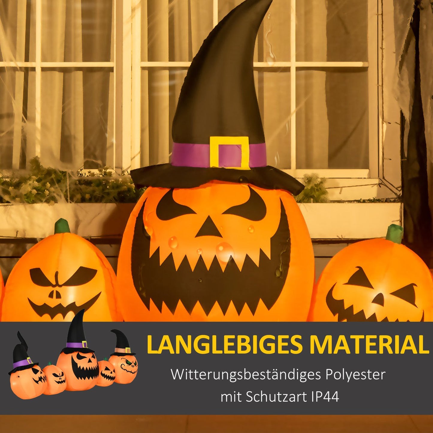 Inflatable Halloween pumpkin with witch hat and LED lights