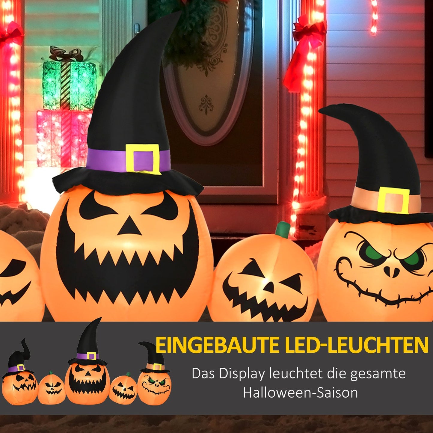 Inflatable Halloween pumpkin with witch hat and LED lights