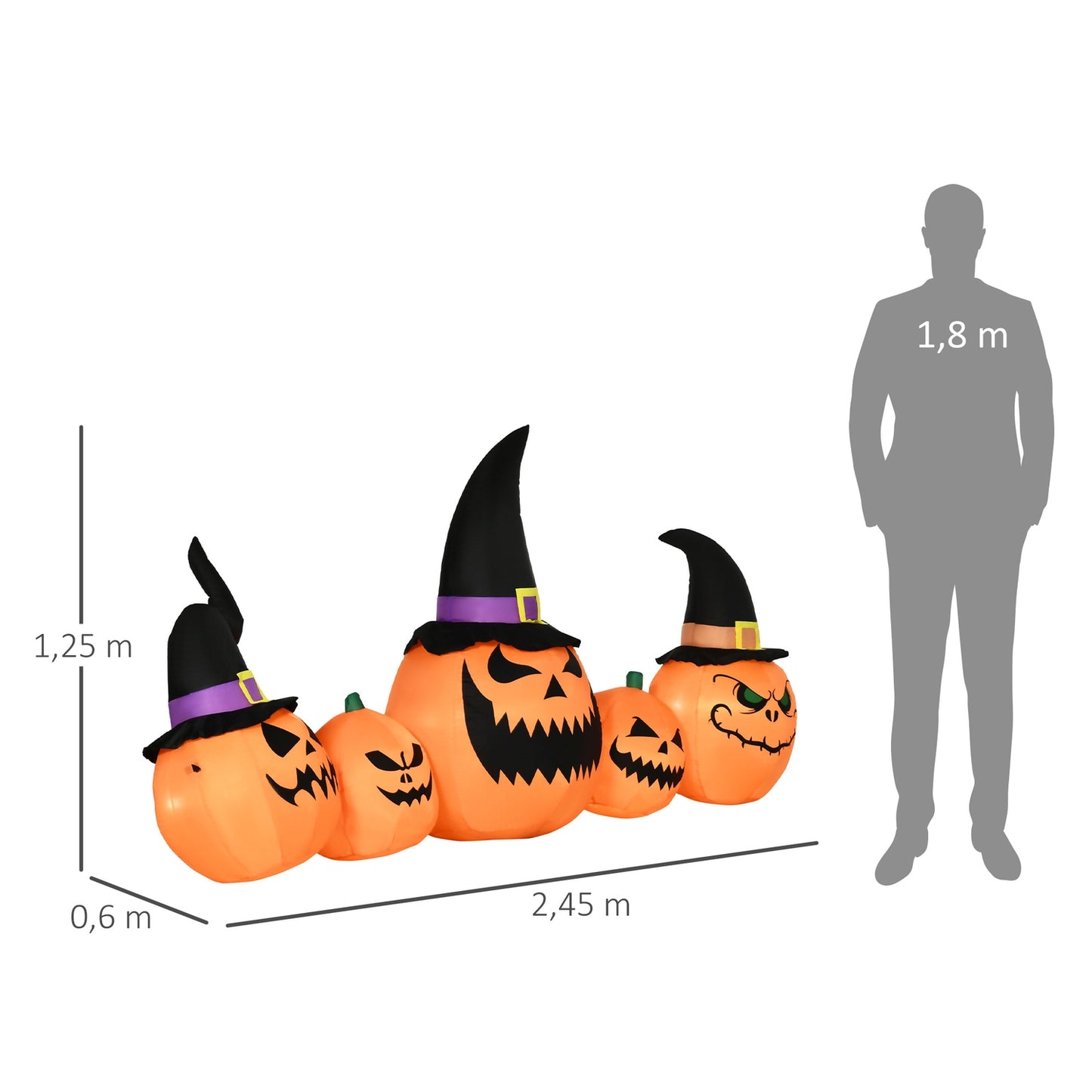Inflatable Halloween pumpkin with witch hat and LED lights