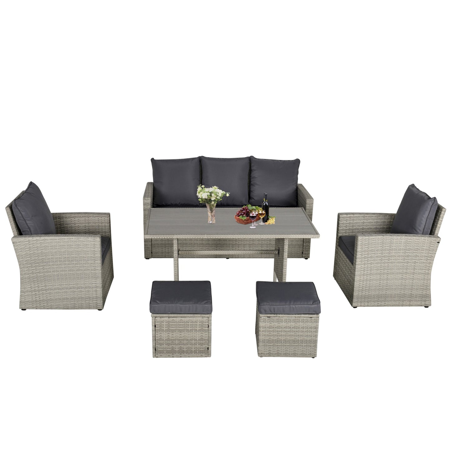 Garden sofa with lounge & stool, PE rattan grey