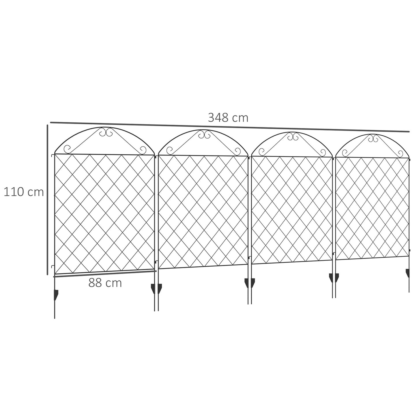 Decorative garden fence in black wire mesh, set of 4, 3.48 x 1.1 M