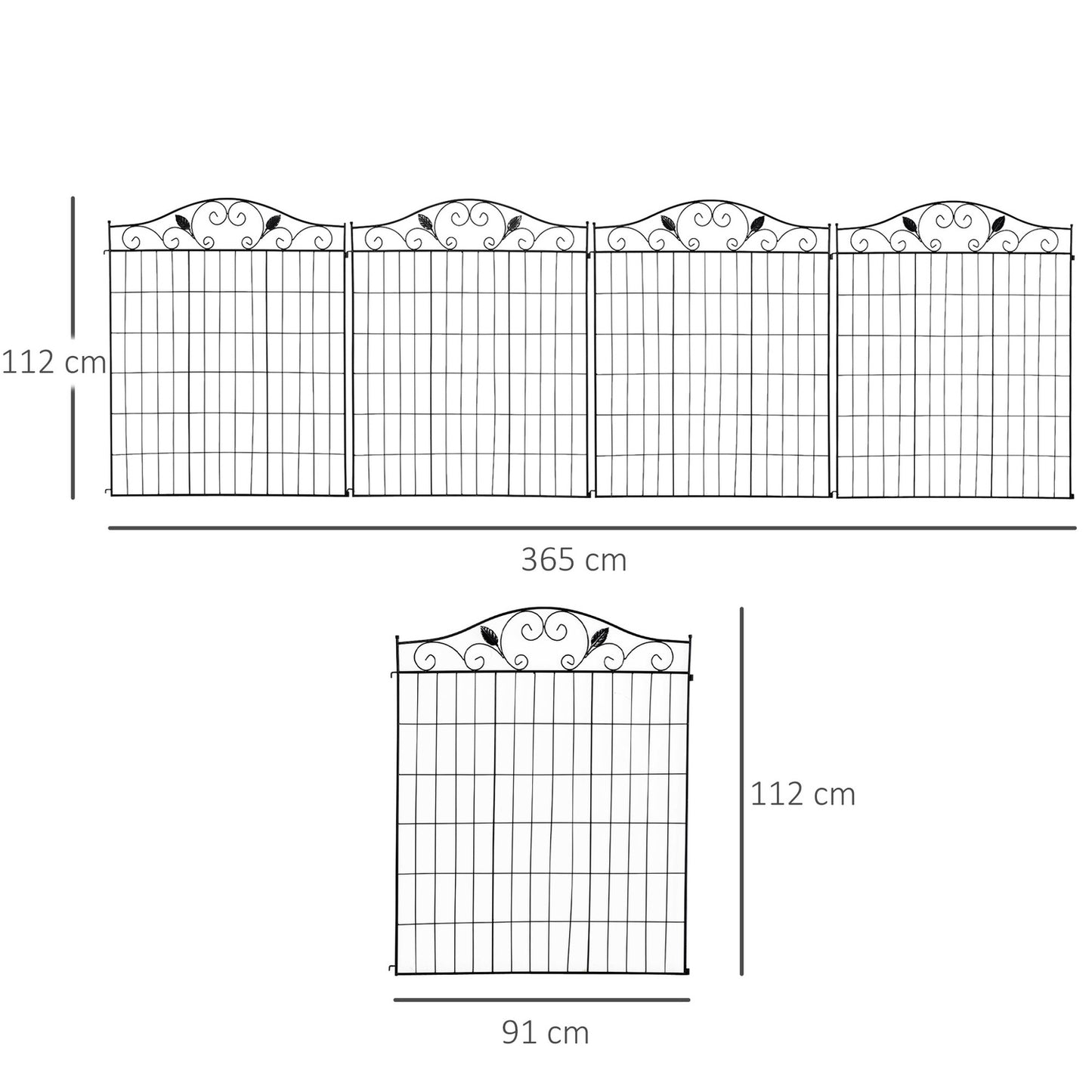 Decorative black metal garden fence set, 4 panels, 365x112 cm
