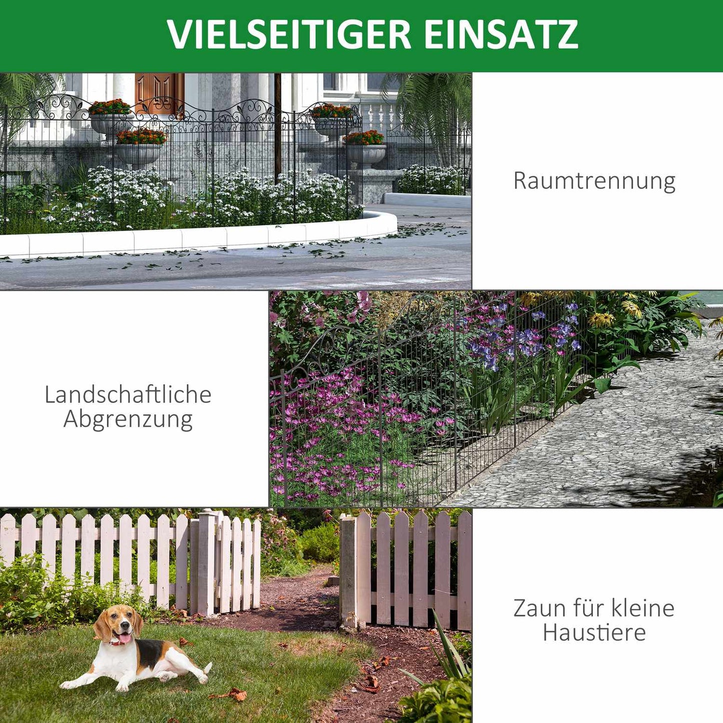 Decorative black metal garden fence set, 4 panels, 365x112 cm