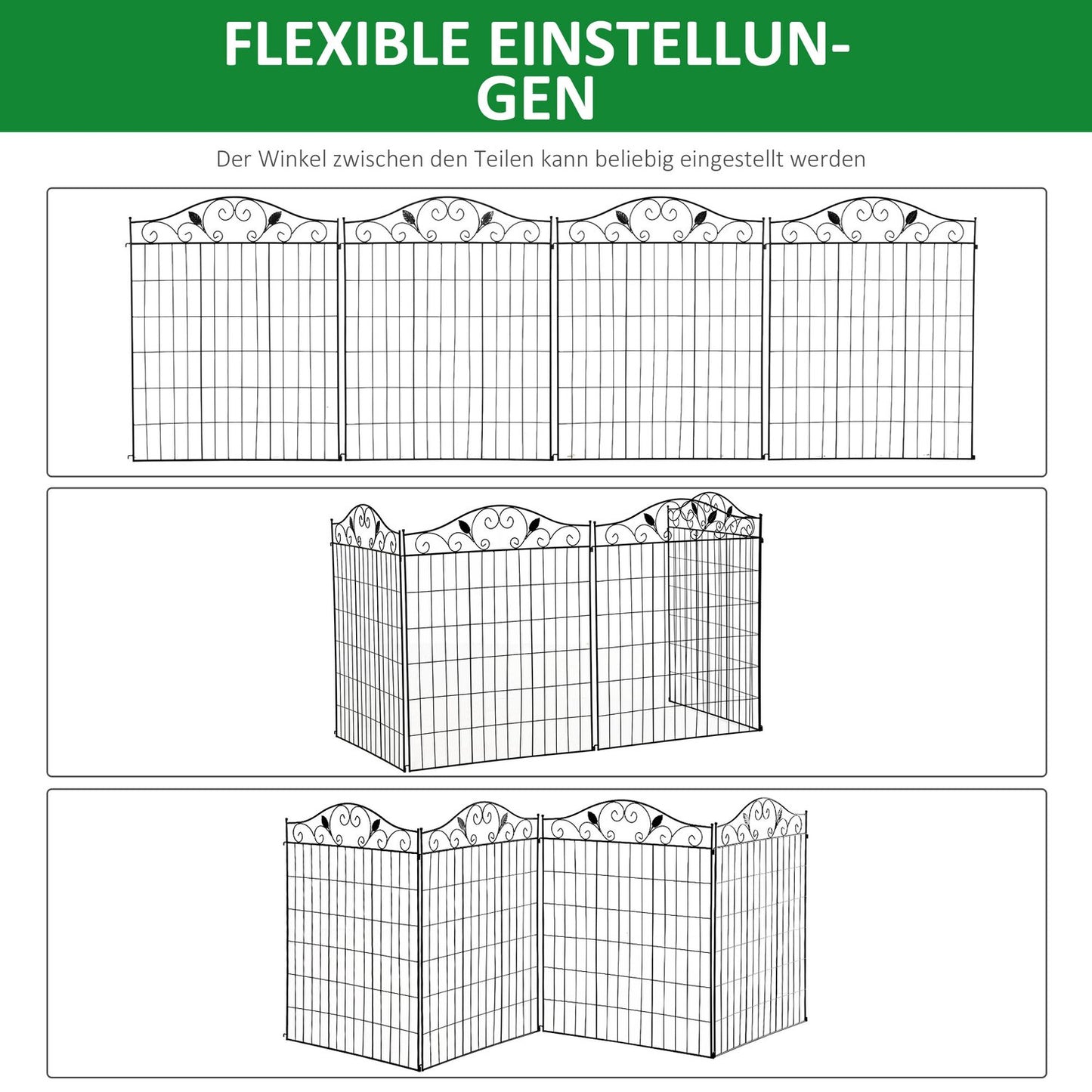 Decorative black metal garden fence set, 4 panels, 365x112 cm