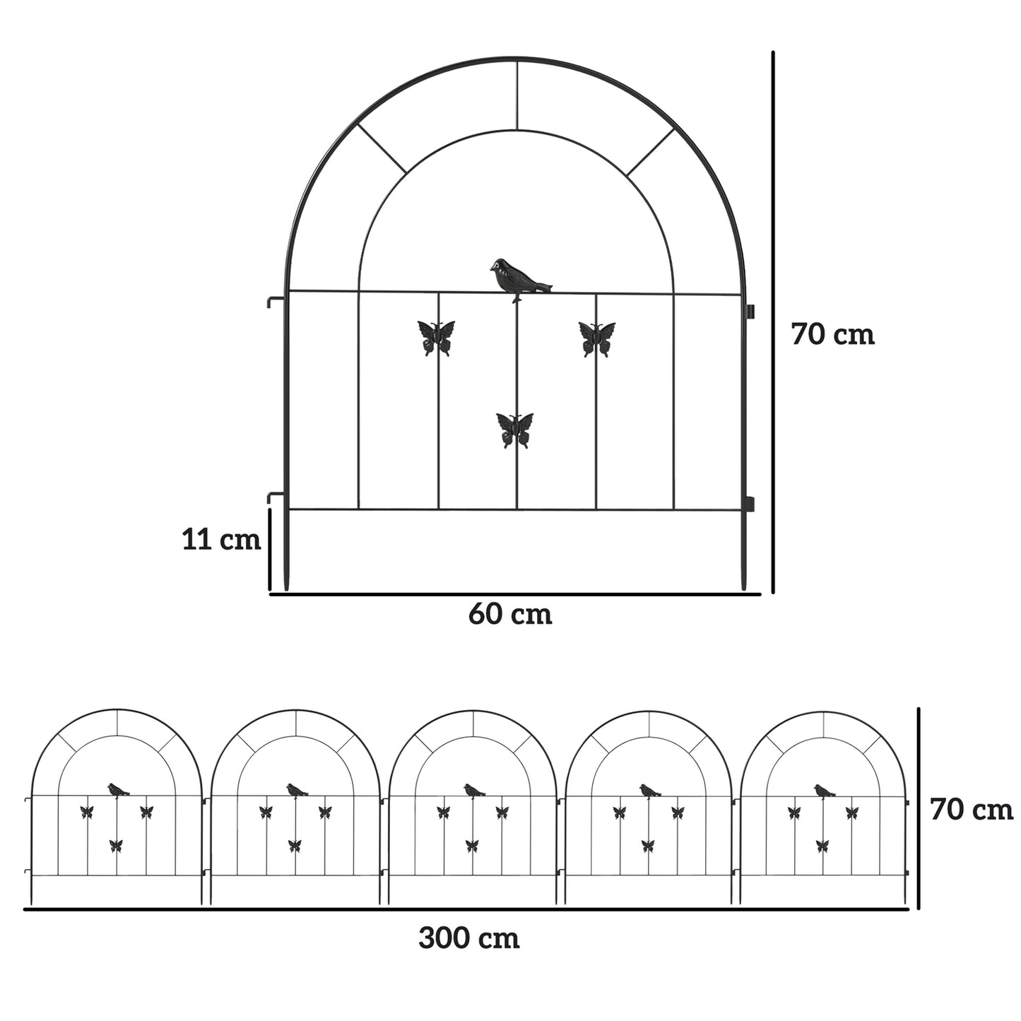 Steel garden fence - 300x70 cm, decorative mesh, black