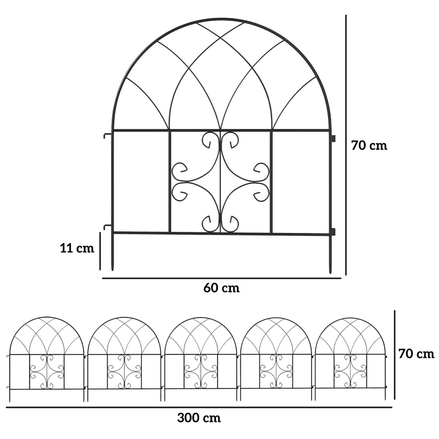 Decorative steel garden fence, 300x70 cm, black mesh