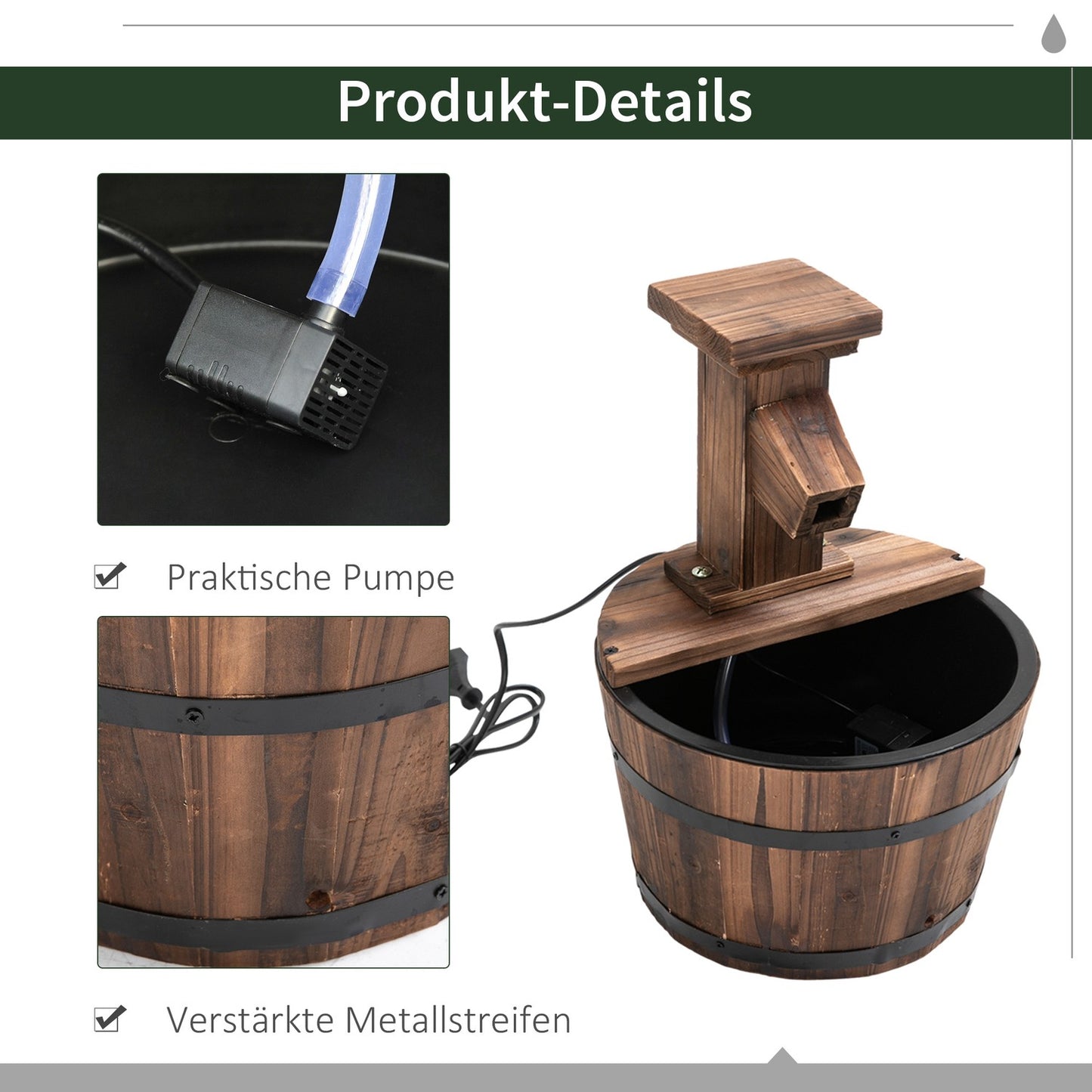 Garden fountain made of wooden barrels with metal accents, 27x37 cm