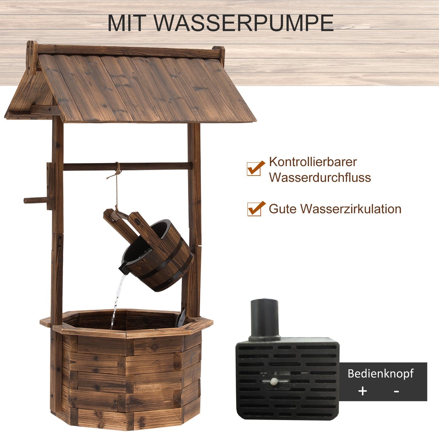 Decorative garden fountain in solid wood - adjustable waterfall