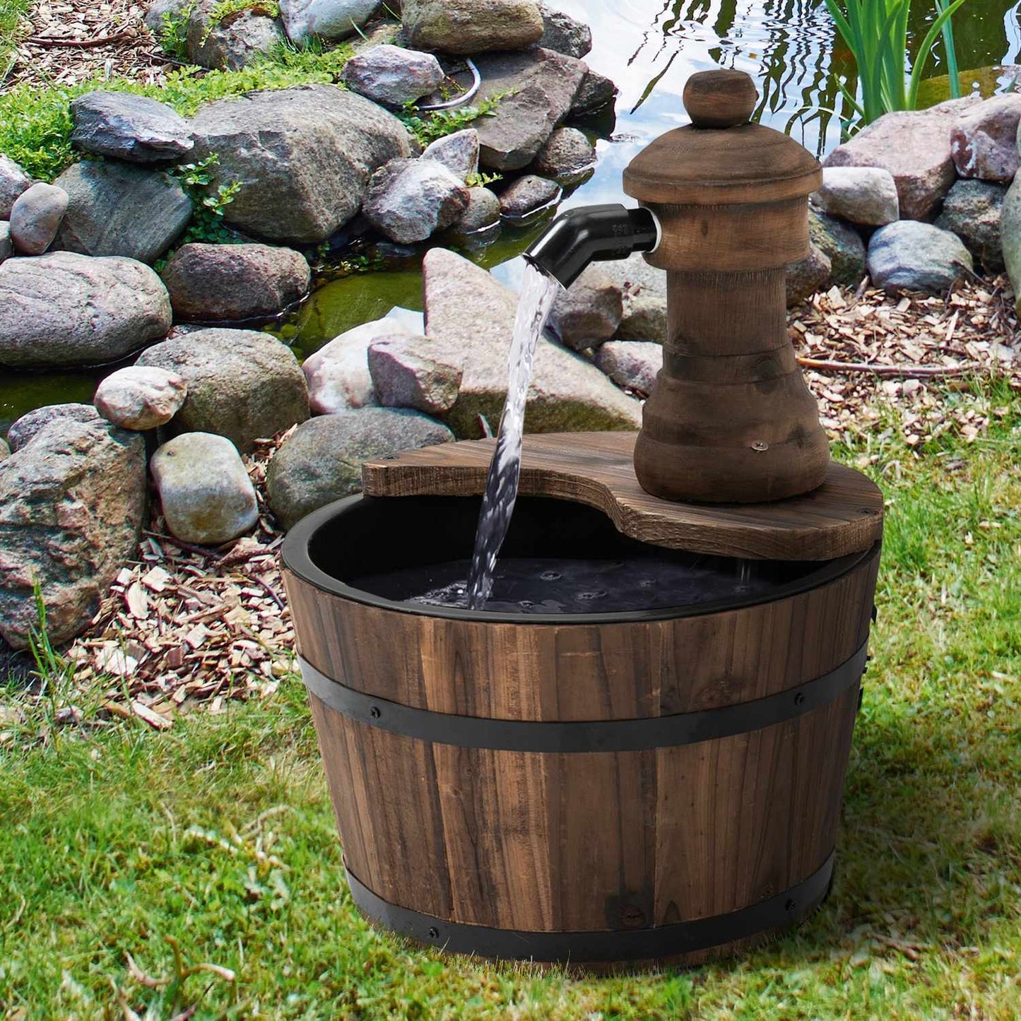 Wooden barrel water fountain with metal accents, Ø27 X 37 Cm