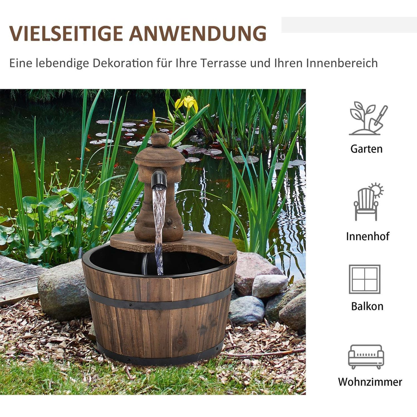 Wooden barrel water fountain with metal accents, Ø27 X 37 Cm