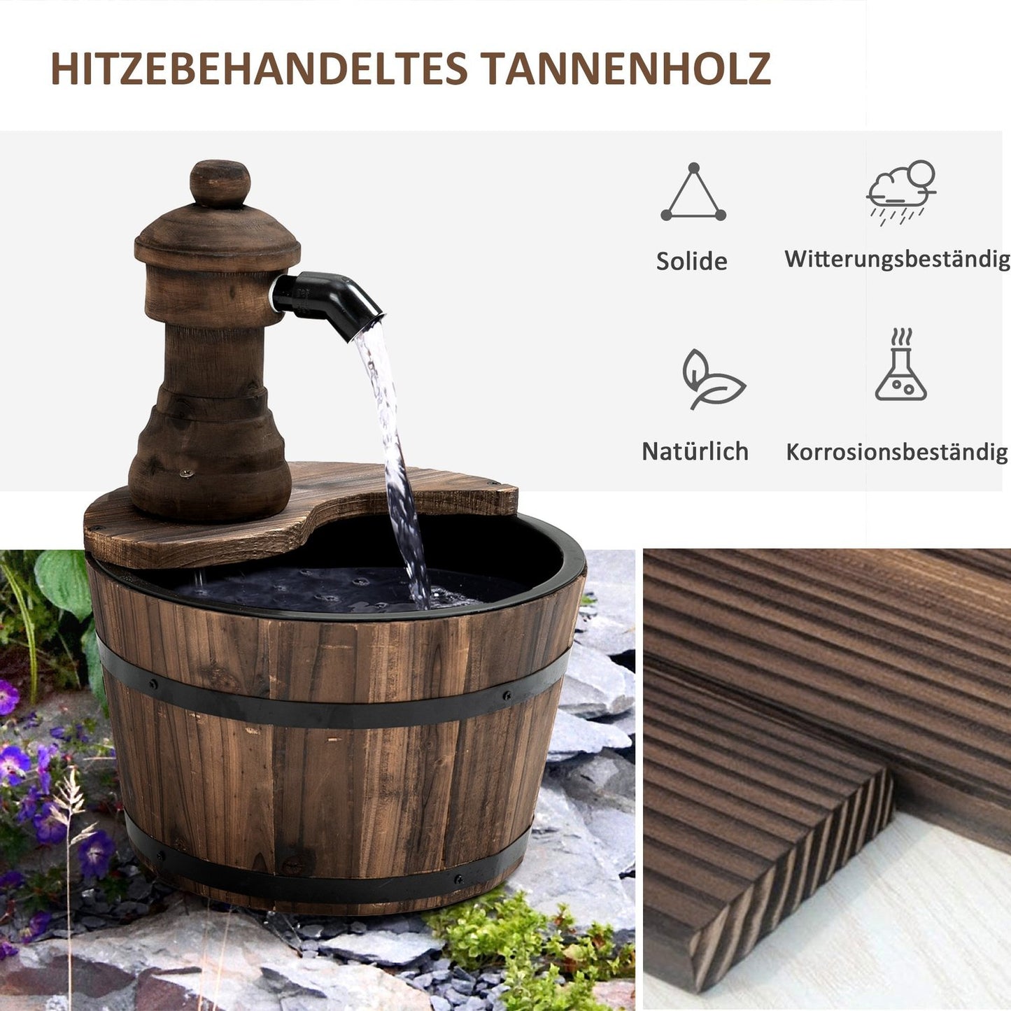 Wooden barrel water fountain with metal accents, Ø27 X 37 Cm