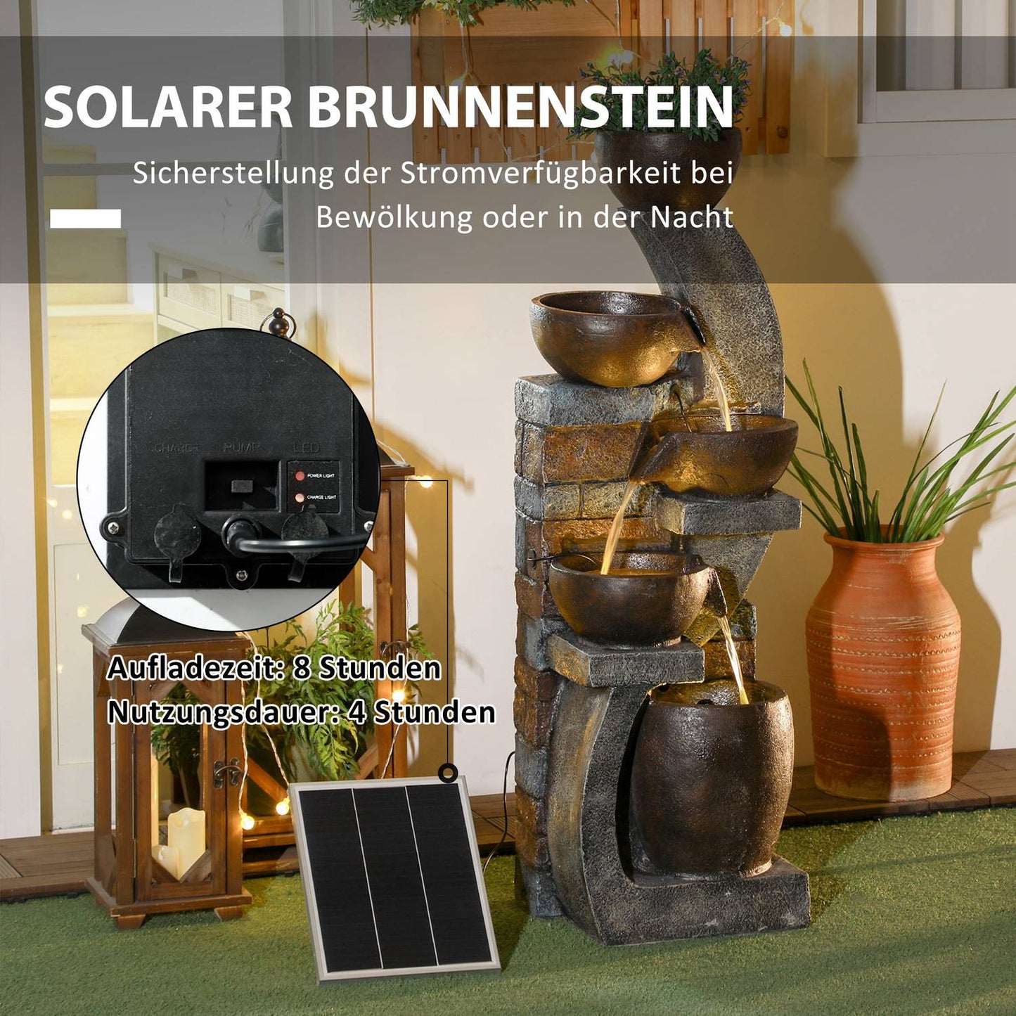 Solar Garden Fountain with LED Lights - 5 Tier Resin Design