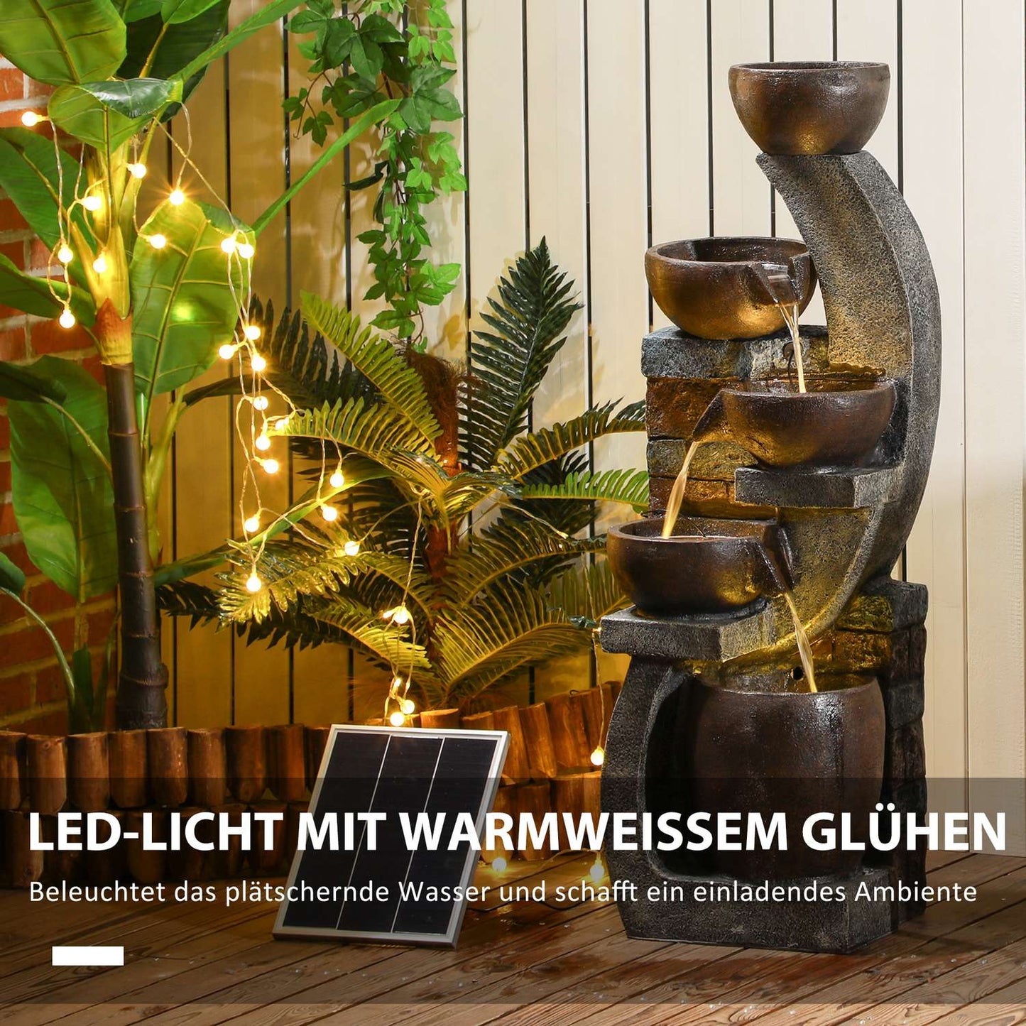 Solar Garden Fountain with LED Lights - 5 Tier Resin Design