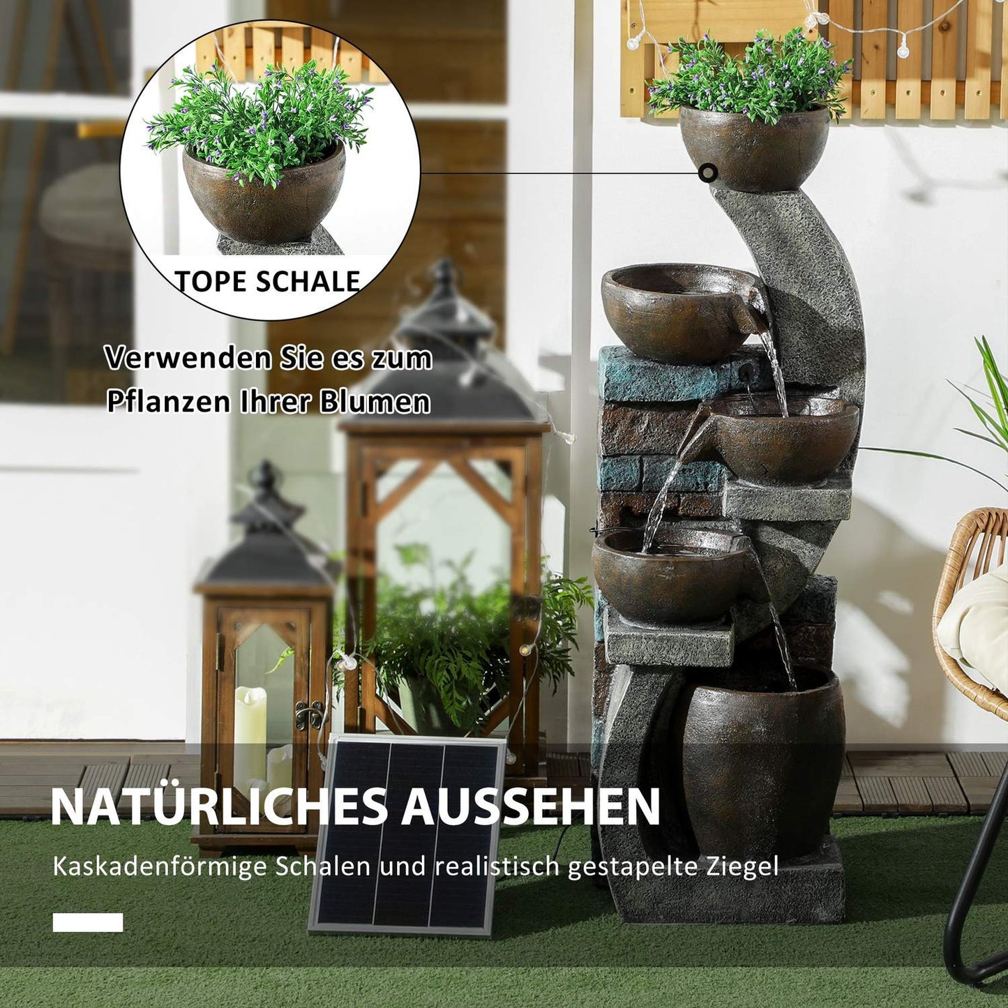 Solar Garden Fountain with LED Lights - 5 Tier Resin Design
