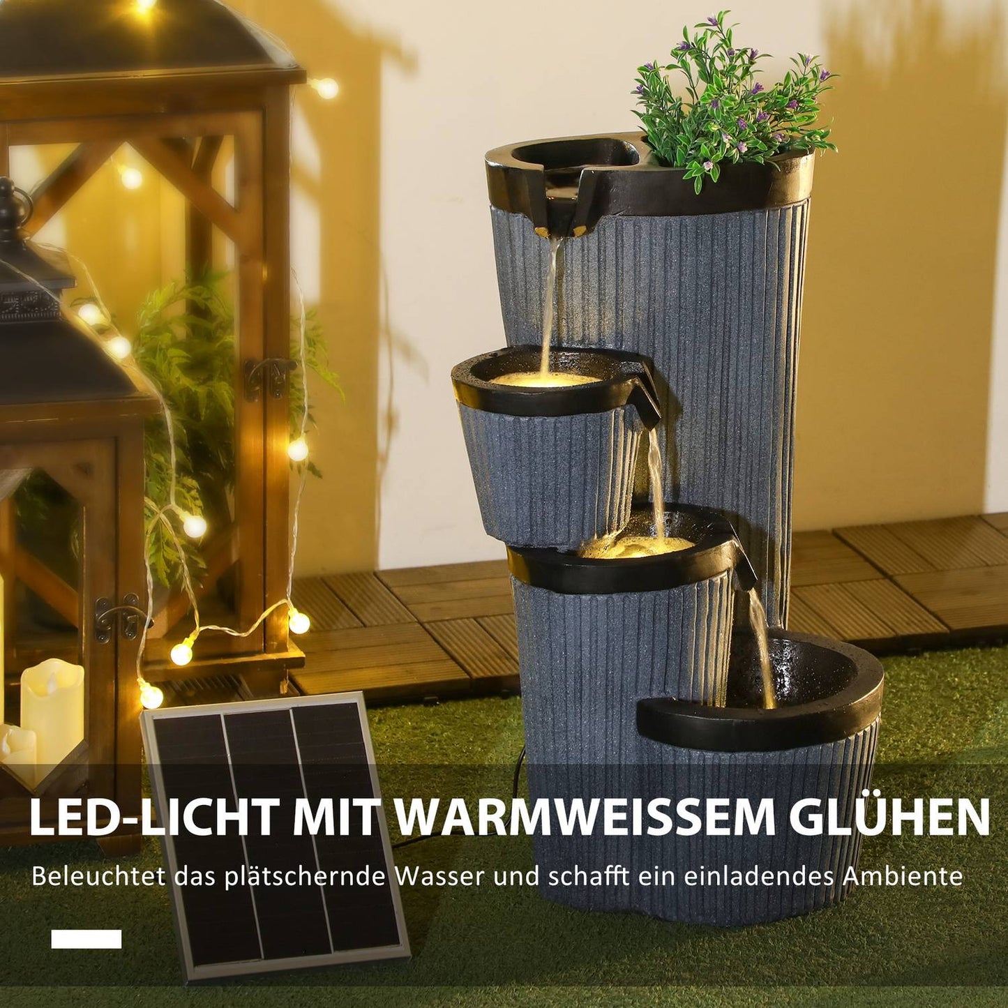 Solar powered 4-level garden fountain with LED, resin, 33 cm
