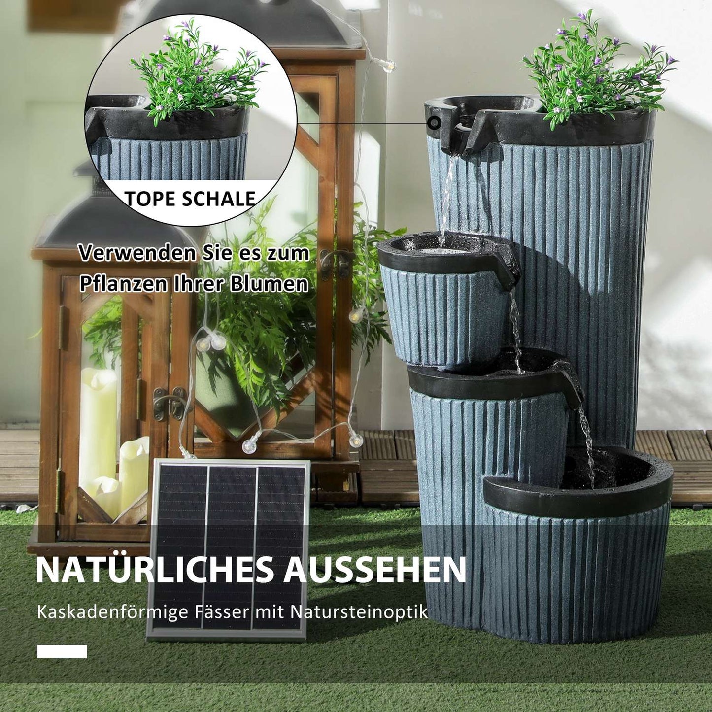 Solar powered 4-level garden fountain with LED, resin, 33 cm