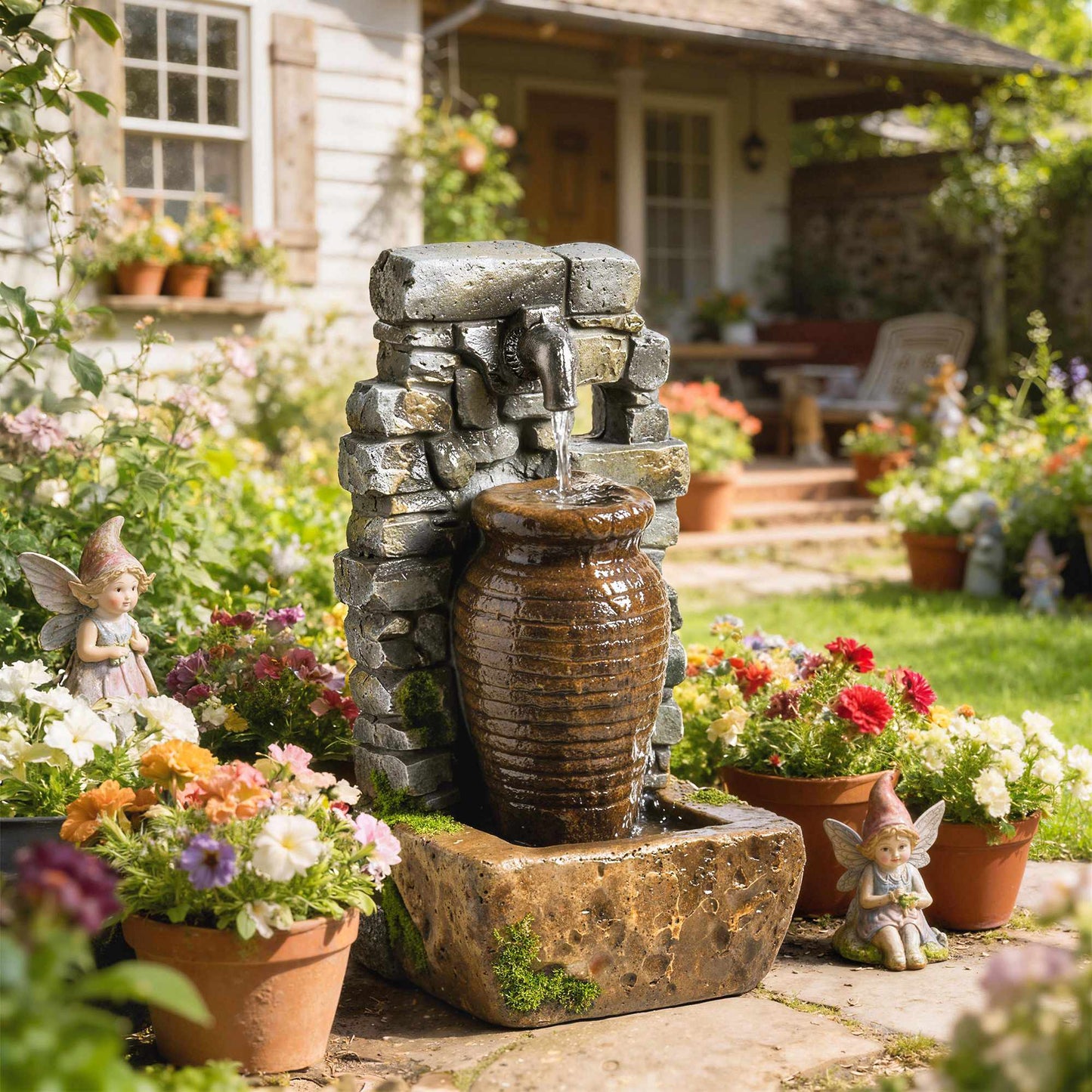 Garden Fountain with LED Lights, Adjustable Water Flow