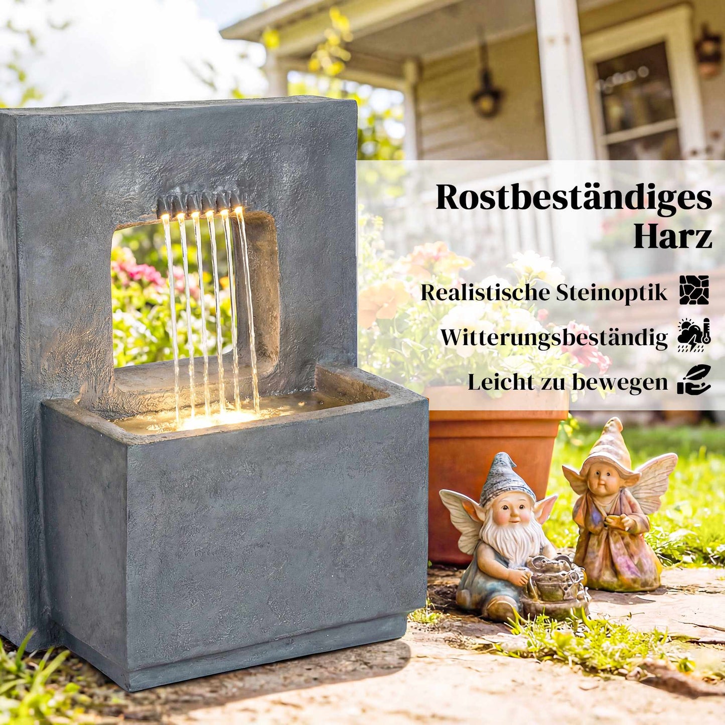 Garden Fountain with LED Lights and Planter, Resin