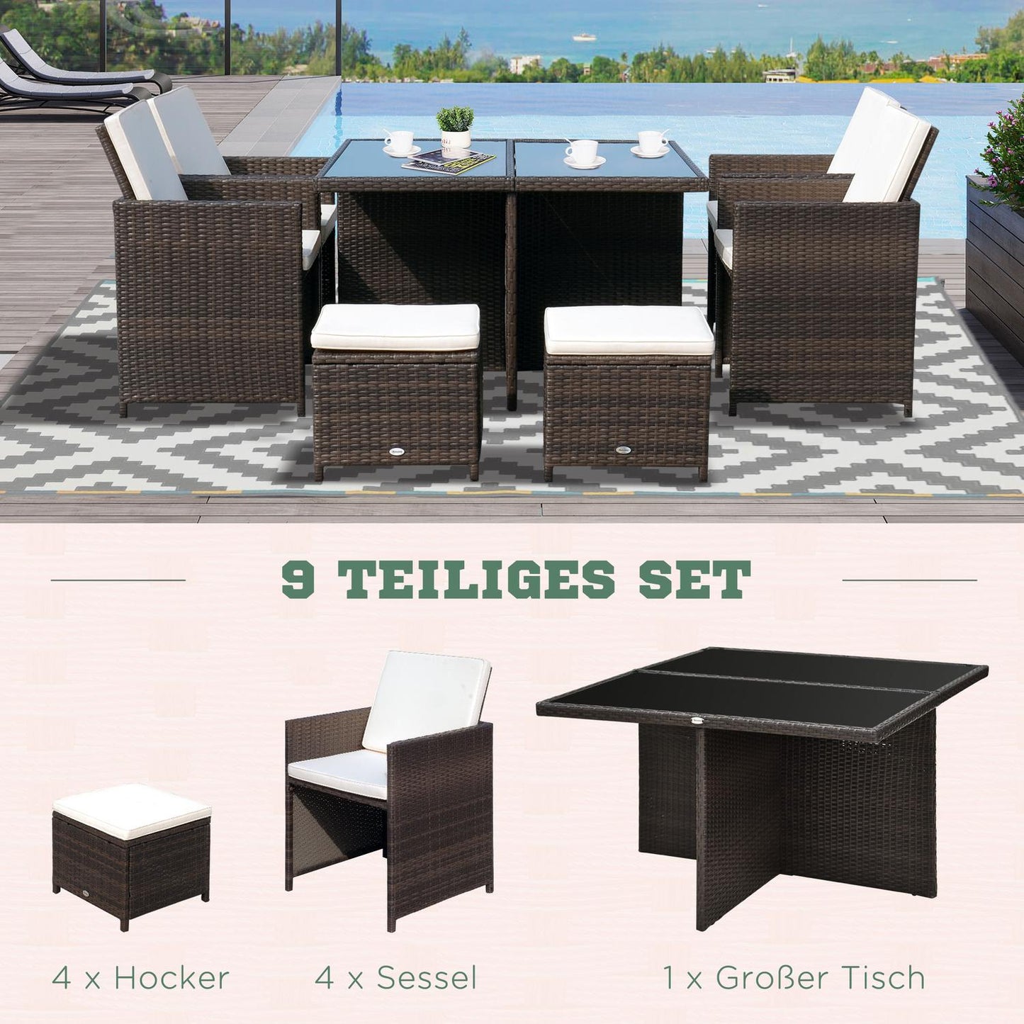 Garden set in poly rattan, 21 parts, brown cushions