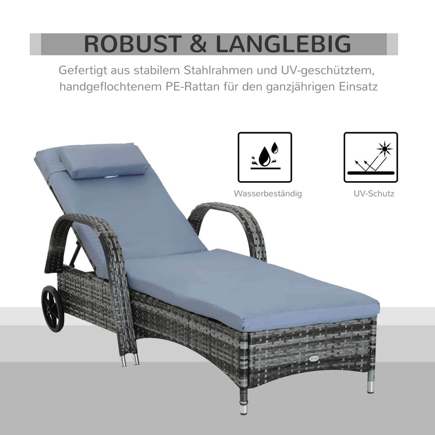 Mobile gray garden chair with cushion, poly rattan & metal