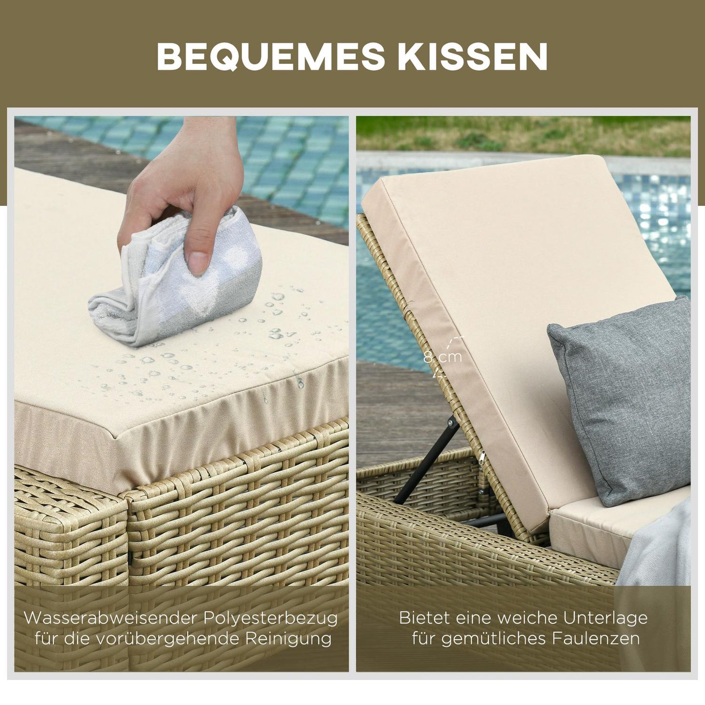 Adjustable sun lounger in poly rattan with cushions - Khaki