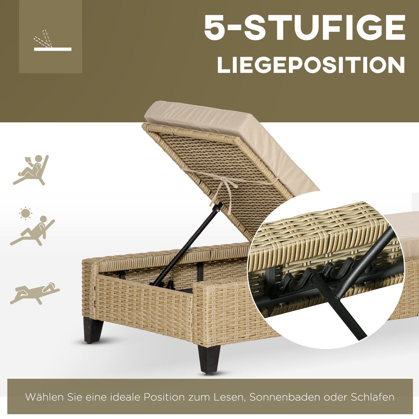 Adjustable sun lounger in poly rattan with cushions - Khaki