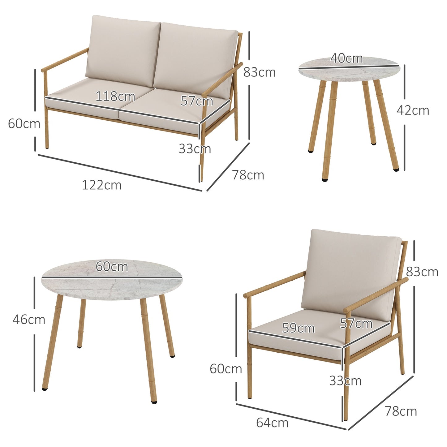 Outdoor furniture set - 2 chairs, sofa and table, cream cushions