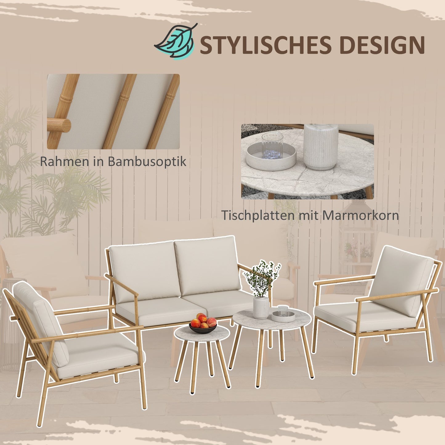 Outdoor furniture set - 2 chairs, sofa and table, cream cushions