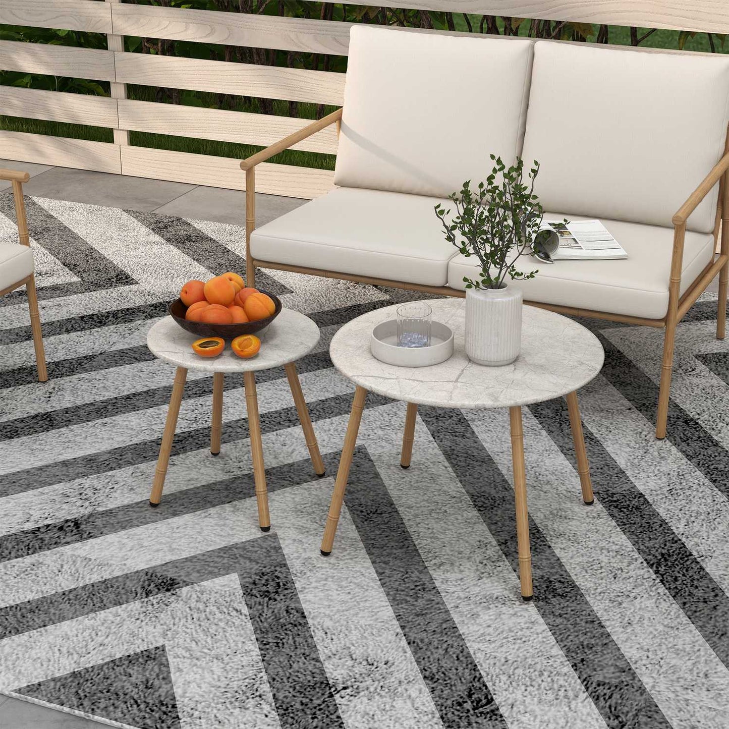 Outdoor furniture set - 2 chairs, sofa and table, cream cushions