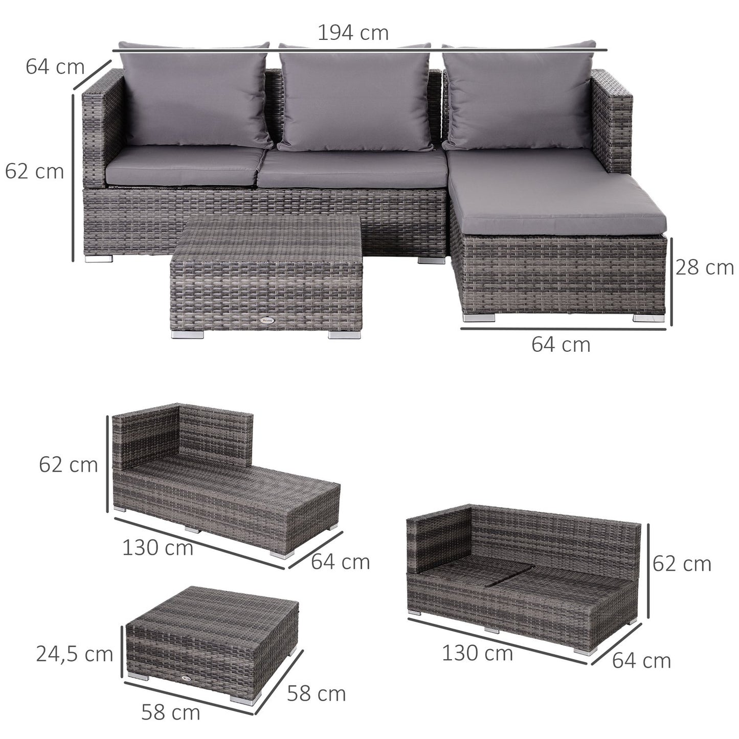 3-piece gray rattan sofa set with side table and storage