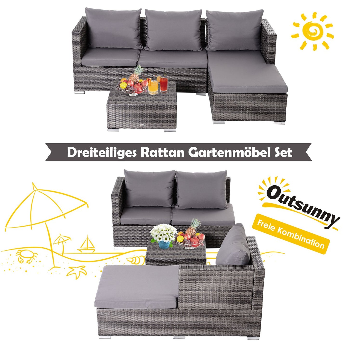 3-piece gray rattan sofa set with side table and storage