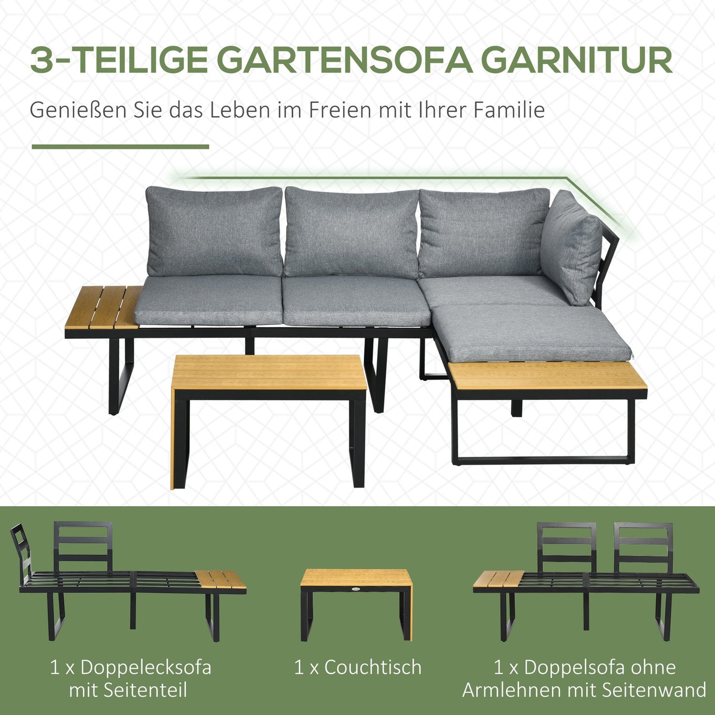 Garden furniture set for 3, aluminum & wood look, dark grey