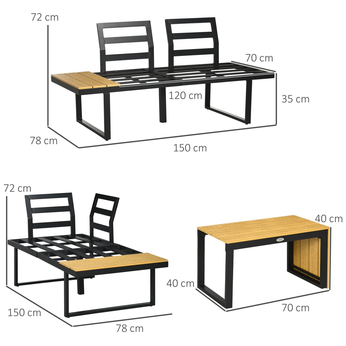 Garden furniture set for 3, aluminum & wood look, dark grey