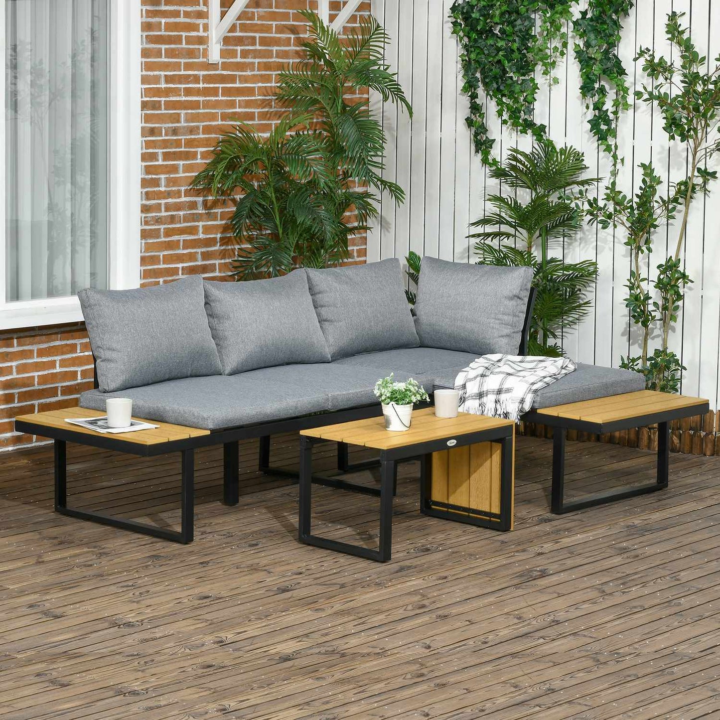 Garden furniture set for 3, aluminum & wood look, dark grey