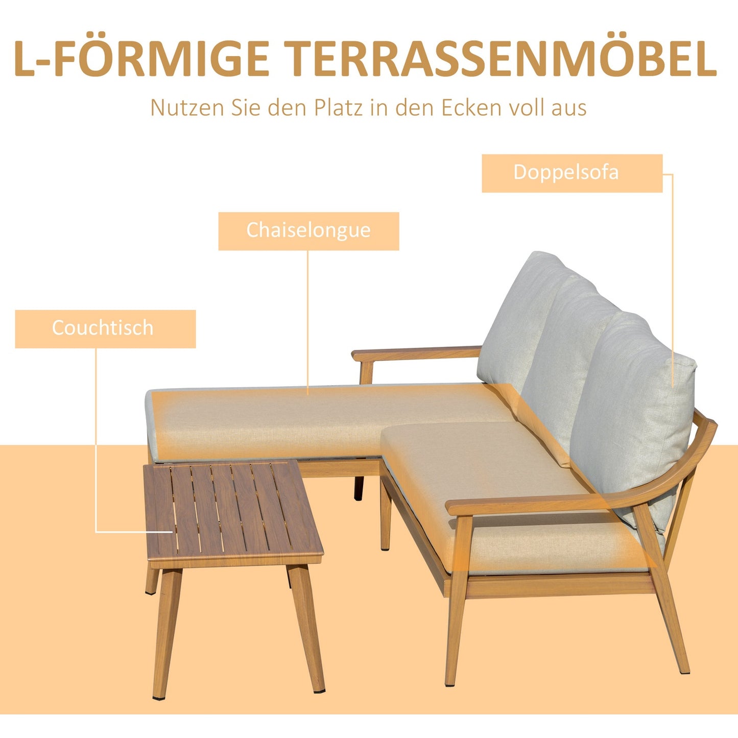 Garden furniture in 3 parts with chaise longue and table