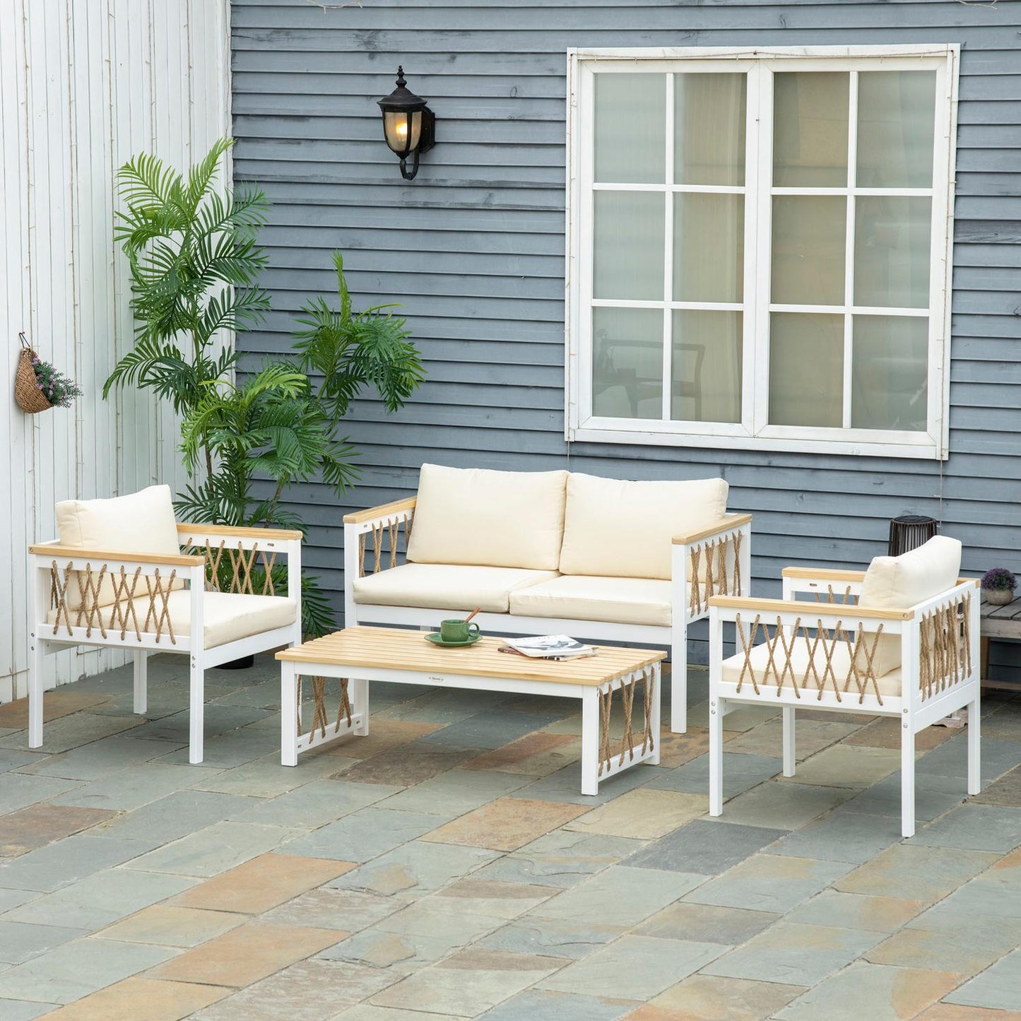 Garden furniture set for 4 with cushions - White