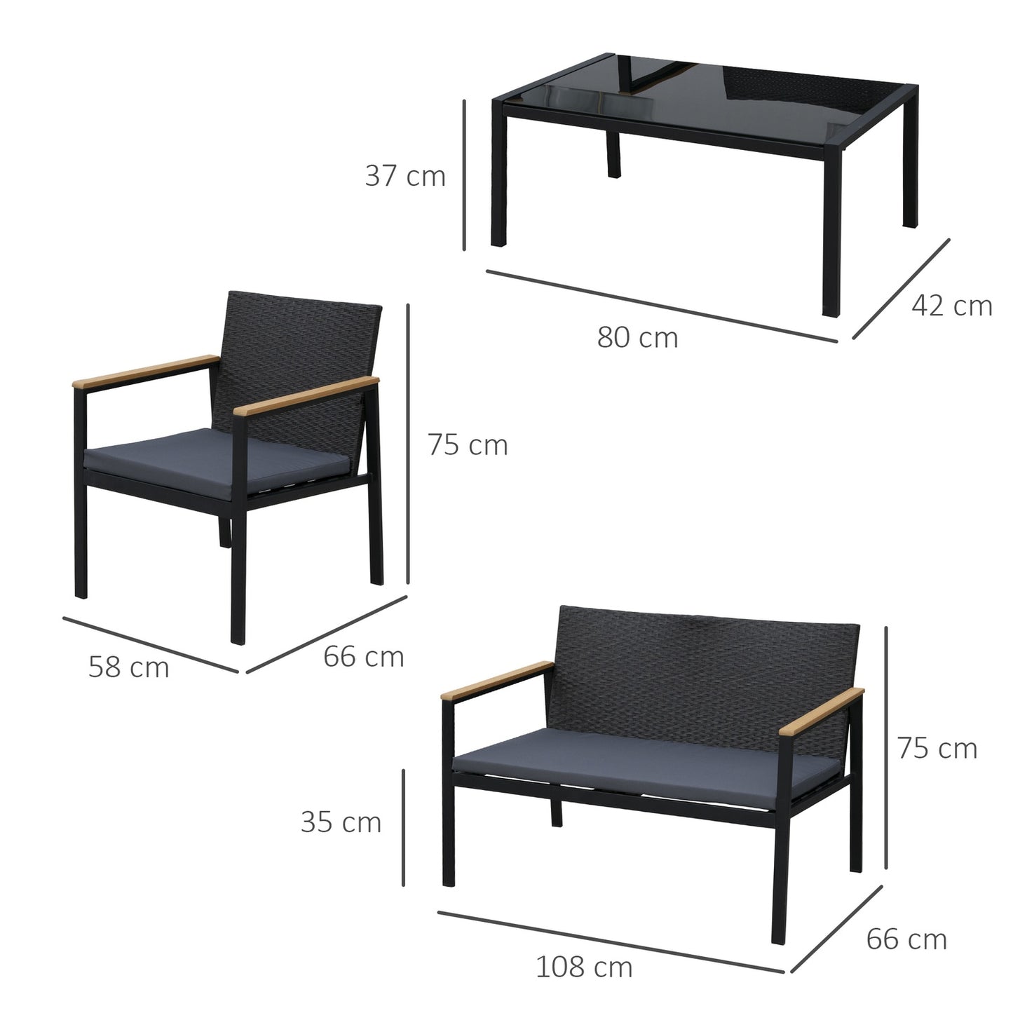 4-piece black rattan patio set with cushions