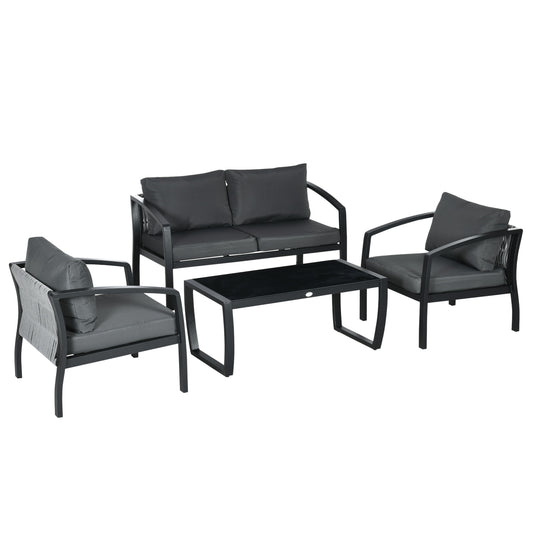 4-seater gray & black garden furniture set with sofa, armchairs, glass table - weatherproof