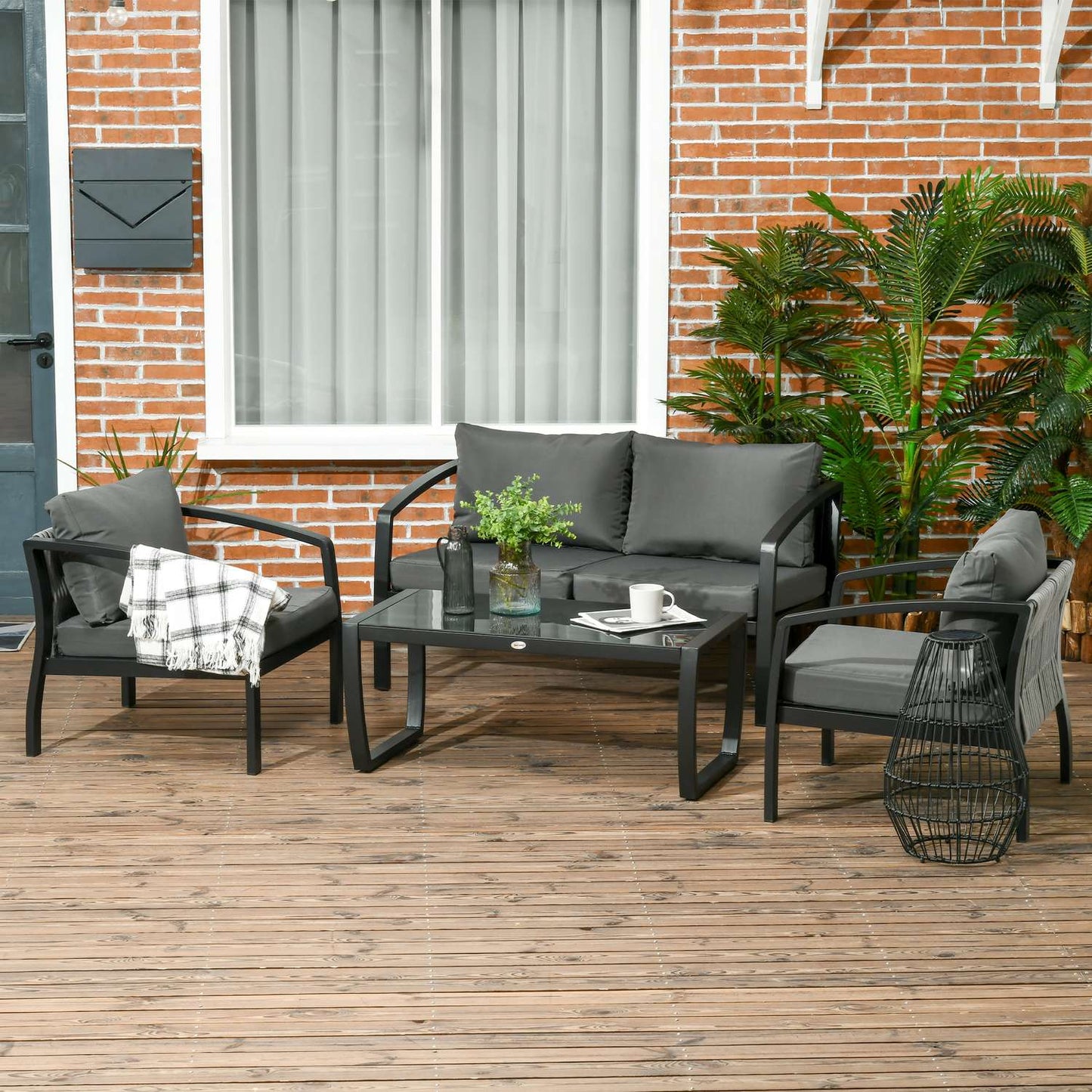 4-seater gray & black garden furniture set with sofa, armchairs, glass table - weatherproof