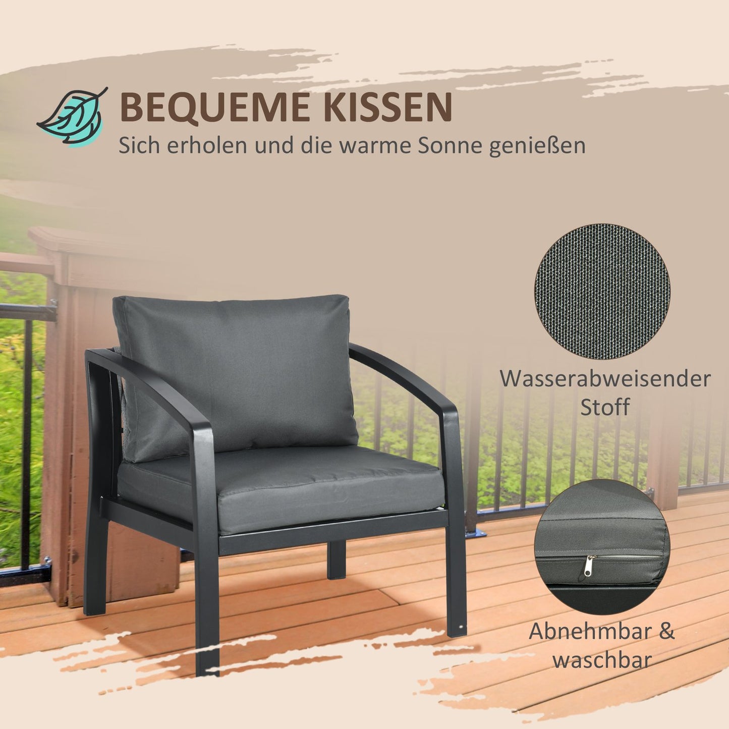 4-seater gray & black garden furniture set with sofa, armchairs, glass table - weatherproof